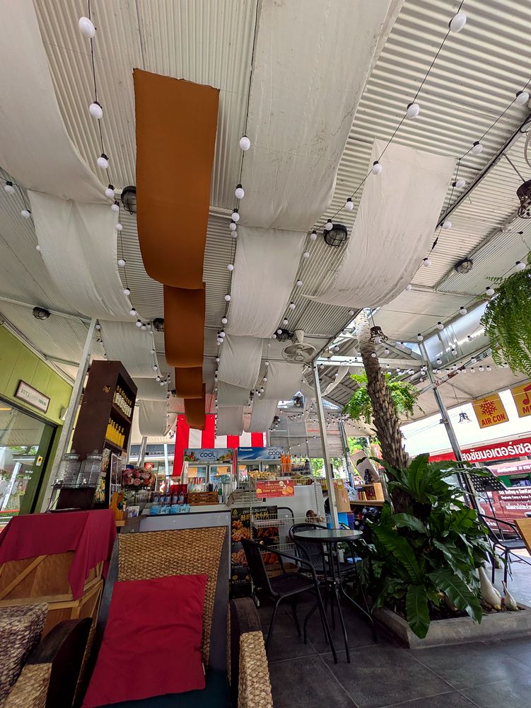 Seating under the fabric canopy
