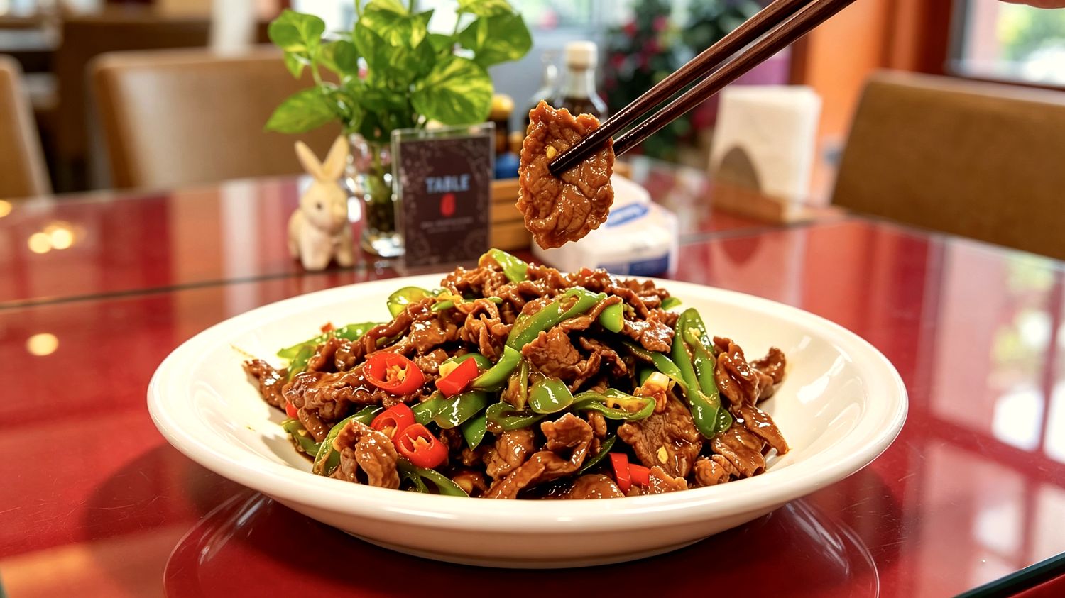 Stir-fry served on a red lacquer table